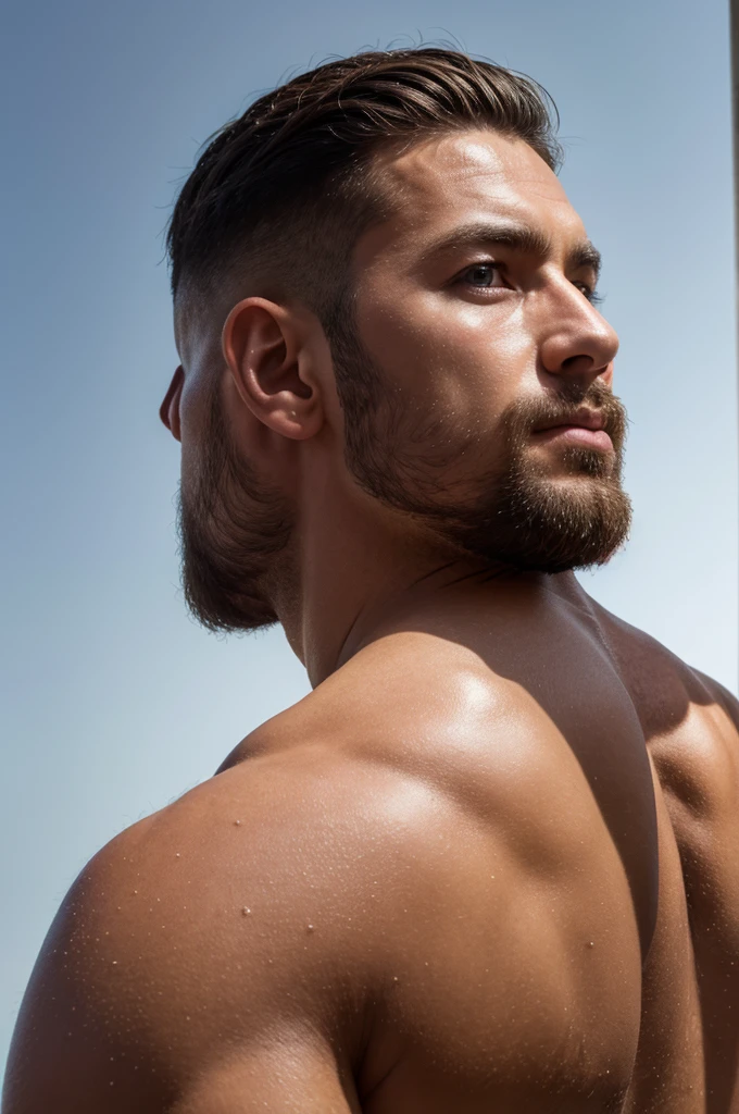 (8K、RAWE Photo、Highest quality、masterpiece:1.2)、(Real、Photorealistic:1.37)、Super detailed、Ultra-high resolution、1 male、Beautiful detailed face、(Feather Cut: 0.6)、Professional Lighting、The lighting is bright、Actor、model、Wide-angle shot、Daytime、bright , simple background ,Simple Background、Slender、beard、Back view、From directly behind、Head up、Head only angle、