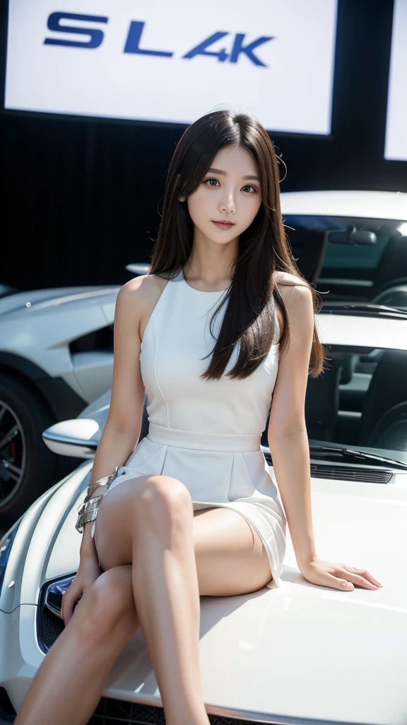 motor Show、companion、dress、(Highest quality)、((Very detailed))、4K、(8K)、masterpiece、Very detailedな、Highest quality、Super Resolution、1 person、Kind Face、Soft Light、RAW quality、Soft Skin、163cm、30 years old、Thighs、Heel、sports car、White Venue