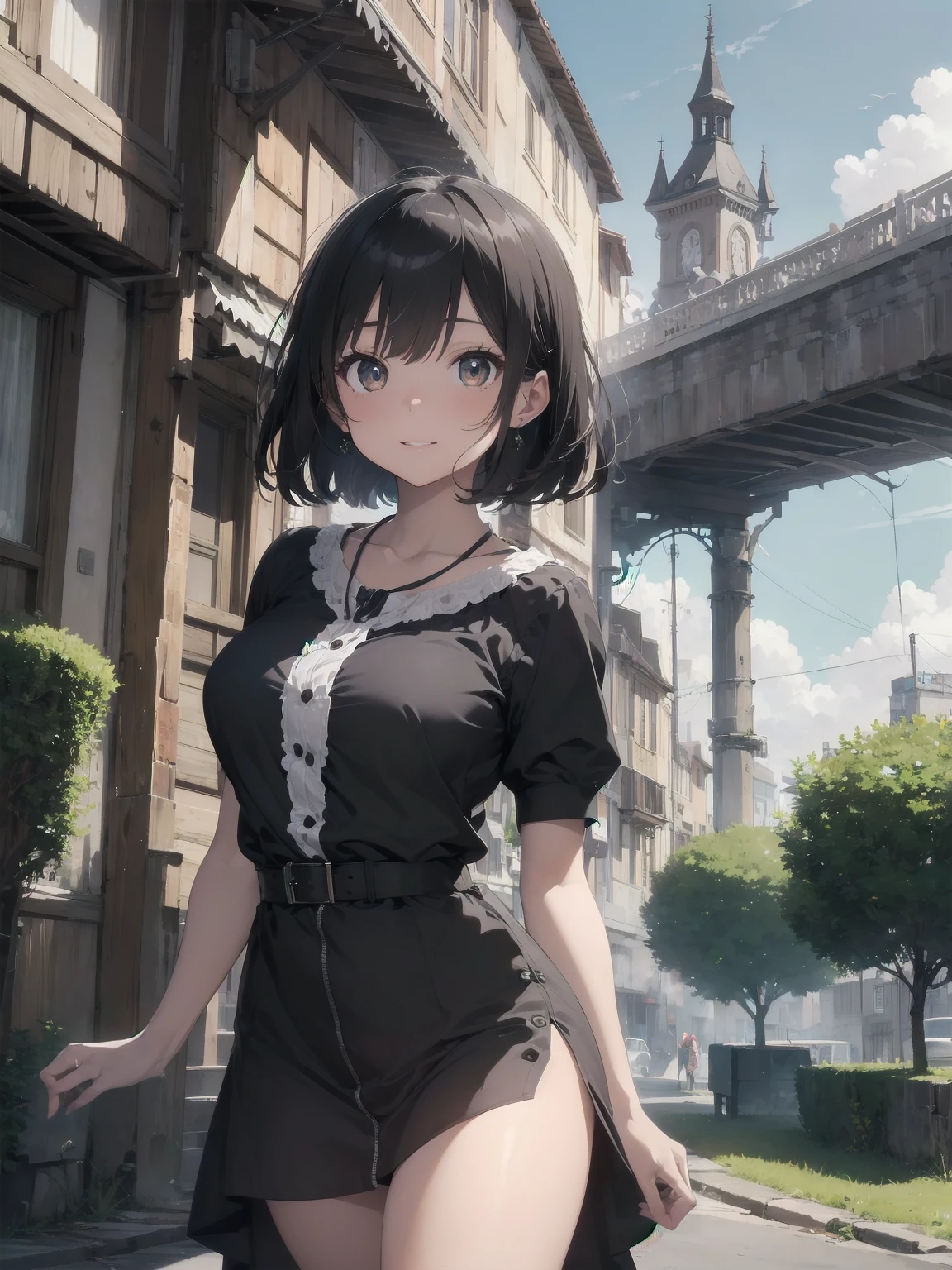 (Masterpiece:1.2), (Top quality: 1.2), Super high resolution, Very detailed,.
BREAK.
, ((Anime girl standing with happiness in her hands)), Crazy girl, (1,Lolita,Boyish, , 12 years old: 1.3), Light smile, , Girl looking like a boy, Bob-cut hair, Shaggy hair, Very large breasts, nubile, slender body, overflowing with soft fat mass. Small hips, Vertically large eyes, Fine and beautiful eyes, Well-proportioned irises and pupils, Expressive eyes, Beautifully detailed lips, High resolution detailed hair, Perfect eyes, Perfect face, Super dense skin, Full fingers, Perfect lighting,.
BREAK,.
((light green necklace)), ((black and red fine dress: 1.3)), light green tie, shining sapphire, lady, wearing white gloves,.
BREAK.
, (Steampunk), Castle balcony, Skyscraper, Night view, Equipment, Ancient ruins, Tradition, Overwhelming, Magnificent, Steam, Pipes, (Steam spewing out from pipes:1.2), Fantasy, Victorian other world, Early 19th century, Road, trees, clouds, night sky, shading, effects, detail. Masterpiece background,
BREAK.
((Positive: 1.3)),.
BREAK.
, digital animated art, cartoon-style illustrations, cartoon illustrations