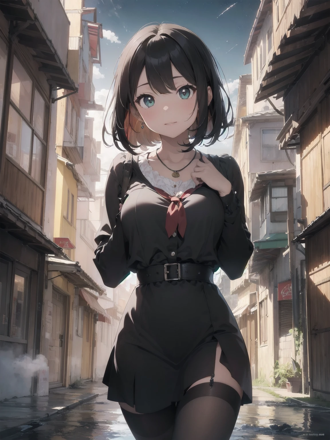 (Masterpiece:1.2), (Top quality: 1.2), Super high resolution, Very detailed,.
BREAK.
, ((Anime girl standing with happiness in her hands)), Crazy girl, (1,Lolita,Boyish, , 12 years old: 1.3), Light smile, , Girl looking like a boy, Bob-cut hair, Shaggy hair, Very large breasts, nubile, slender body, overflowing with soft fat mass. Small hips, Vertically large eyes, Fine and beautiful eyes, Well-proportioned irises and pupils, Expressive eyes, Beautifully detailed lips, High resolution detailed hair, Perfect eyes, Perfect face, Super dense skin, Full fingers, Perfect lighting,.
BREAK,.
((light green necklace)), ((black and red fine dress: 1.3)), light green tie, shining sapphire, lady, wearing white gloves,.
BREAK.
, (Steampunk), Castle balcony, Skyscraper, Night view, Equipment, Ancient ruins, Tradition, Overwhelming, Magnificent, Steam, Pipes, (Steam spewing out from pipes:1.2), Fantasy, Victorian other world, Early 19th century, Road, trees, clouds, night sky, shading, effects, detail. Masterpiece background,
BREAK.
((Positive: 1.3)),.
BREAK.
, digital animated art, cartoon-style illustrations, cartoon illustrations
