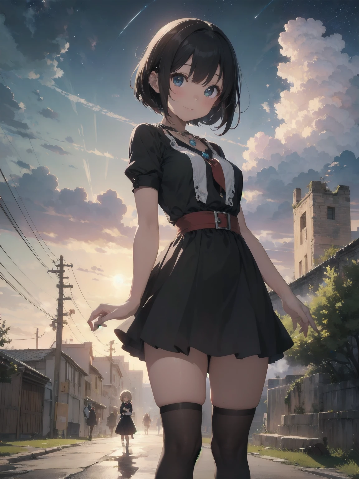 (Masterpiece:1.2), (Top quality: 1.2), Super high resolution, Very detailed,. 
BREAK.
, ((Anime girl standing with happiness in her hands)), Crazy girl, (1,Lolita,Boyish, , 12 years old: 1.3), Light smile, , Girl looking like a boy, Bob-cut hair, Shaggy hair, Very large breasts, nubile, slender body, overflowing with soft fat mass. Small hips, Vertically large eyes, Fine and beautiful eyes, Well-proportioned irises and pupils, Expressive eyes, Beautifully detailed lips, High resolution detailed hair, Perfect eyes, Perfect face, Super dense skin, Full fingers, Perfect lighting,.
 BREAK,. 
((light green necklace)), ((black and red fine dress: 1.3)), light green tie, shining sapphire, lady, wearing white gloves,. 
BREAK.
, (Steampunk), Castle balcony, Skyscraper, Night view, Equipment, Ancient ruins, Tradition, Overwhelming, Magnificent, Steam, Pipes, (Steam spewing out from pipes:1.2), Fantasy, Victorian other world, Early 19th century, Road, trees, clouds, night sky, shading, effects, detail. Masterpiece background,
BREAK.
((Positive: 1.3)),. 
BREAK.
, digital animated art, cartoon-style illustrations, cartoon illustrations