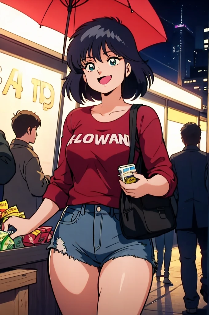 Vibrant night market. Woman wearing casual clothes, Carrying snacks, Her face is full of joy and satisfaction. knee shot,