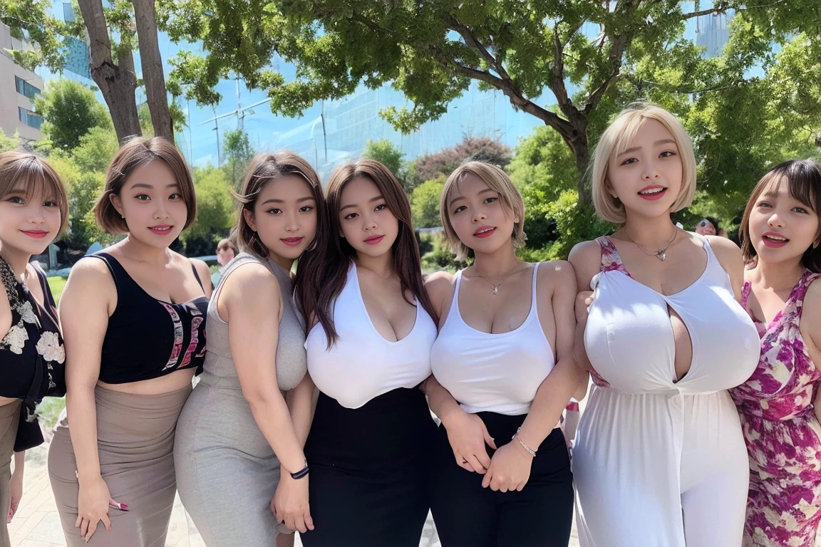 Highest quality, figure, Super detailed, In detail, High resolution, 8k wallpaper, Perfect dynamic composition, Beautiful attention to detail，Men looking at women、(Five Girls+, Group shot:1.2)、short hair, (Huge :1.6)、 Natural color lip,Laughter、25-year-old woman、dress