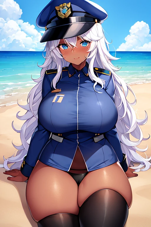 1girl, police, police uniform, police hat, policewoman, dark skin, dark-skinned female, blue eyes, white hair, long hair, huge breasts, thick thighs, bikini, black bikini, blue jacket, beach, shy, timid, wavy mouth, mature female, milf, open jacjet