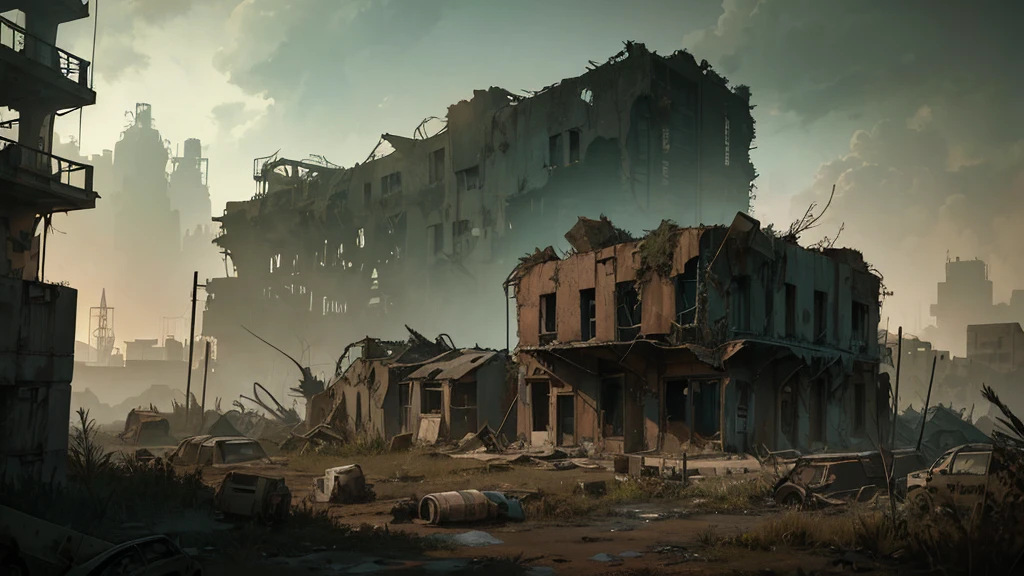 a desolate abandoned cosmodrome, crumbling concrete structures, rusted metal, overgrown vegetation, atmospheric lighting, moody tones, cinematic composition, dramatic shadows, abandoned vehicles, decaying remnants of space exploration, sense of isolation and decay, highly detailed, photorealistic, 8k, masterpiece, isometric