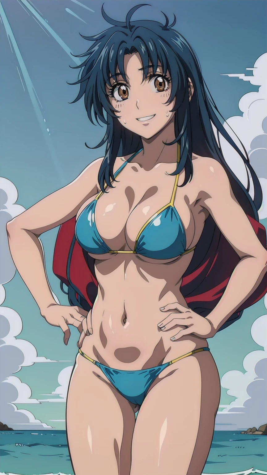 KanameChidori, 1girl, anime, masterpiece, best quality, Smiling, looking at the viewer, blue theme, blue background, cloudy sky, sunlight, sweat, orgasmic, bikini swimsuit, large breasts, cleavage, belly button exposed, collarbone, thighs, sea and beach,