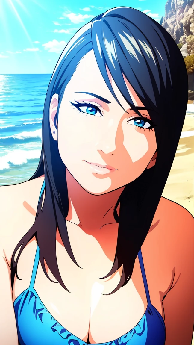 1girl with long black hair, bikini, beach, sunlight, sand, waves, detailed face, beautiful eyes, detailed lips, long eyelashes, detailed skin, perfect body, photorealistic, 8k, high quality, hyper detailed, vibrant colors, natural lighting, golden hour, dramatic lighting