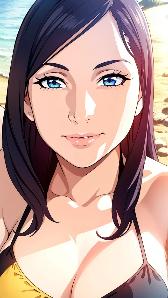 1girl with long black hair, bikini, beach, sunlight, sand, waves, detailed face, beautiful eyes, detailed lips, long eyelashes, detailed skin, perfect body, photorealistic, 8k, high quality, hyper detailed, vibrant colors, natural lighting, golden hour, dramatic lighting