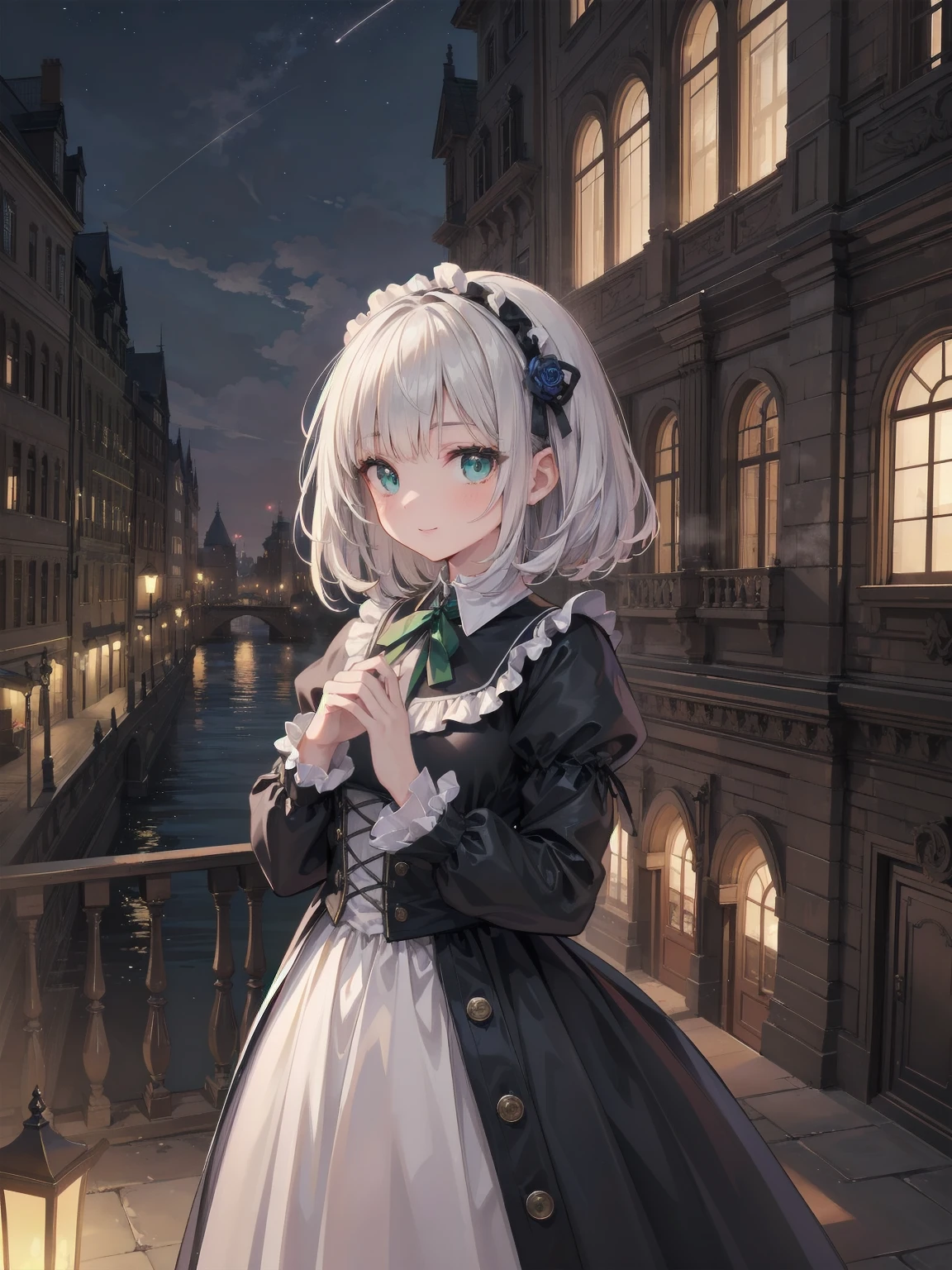 (Highest quality、16K、masterpiece、Ultra-high resolution、Victorian era、Photorealistic:1.2)、A delicate ta girl, aged 13, stands on a castle balcony at dusk, surrounded by the city's skyline and steampunk contraptions. Her platinum hair is messy, framing her androgynous charm. She wears a flowing white dress with a light green tie and holds a pocket watch in hand. A subtle smile plays on her lips as she gazes out at the night view, her eyes shining like sapphires. The air is filled with steam spewing from pipes, adding to the surreal atmosphere. Her skin glows with an ultra-dense texture, and her fingers are full and detailed.