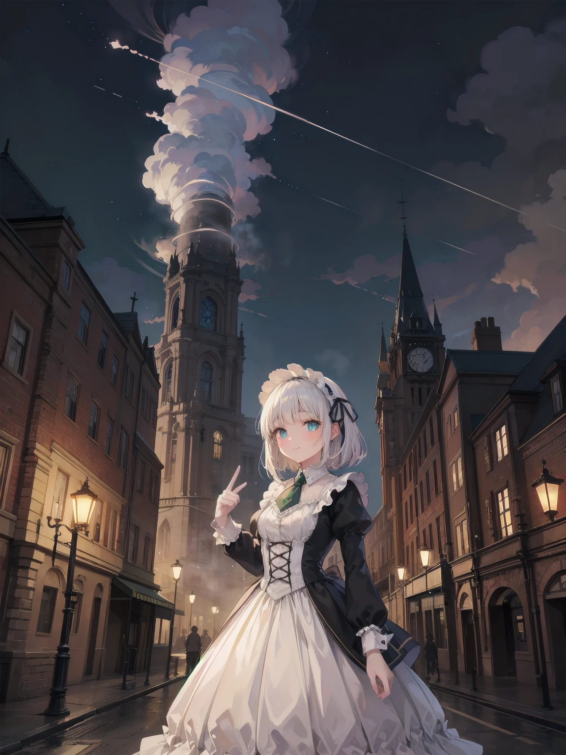 (Highest quality、16K、masterpiece、Ultra-high resolution、Victorian era、Photorealistic:1.2)、A delicate ta girl, aged 13, stands on a castle balcony at dusk, surrounded by the city's skyline and steampunk contraptions. Her platinum hair is messy, framing her androgynous charm. She wears a flowing white dress with a light green tie and holds a pocket watch in hand. A subtle smile plays on her lips as she gazes out at the night view, her eyes shining like sapphires. The air is filled with steam spewing from pipes, adding to the surreal atmosphere. Her skin glows with an ultra-dense texture, and her fingers are full and detailed.