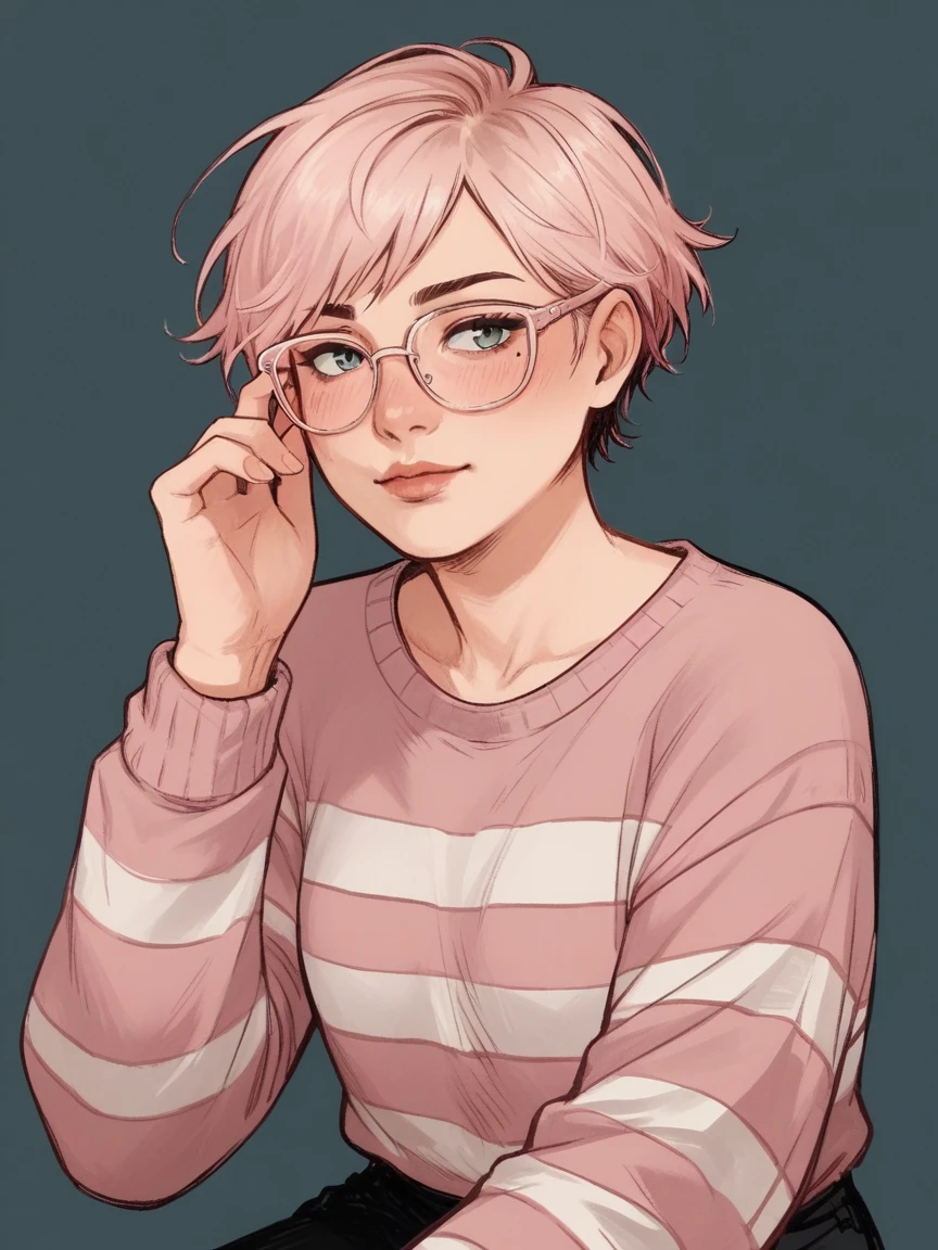 score_9, score_8_up, score_7_up, score_6_up, score_5_up, score_4_up,   wh33z13, 1woman, white skin, short hair, pink striped sweater, rosé glasses 