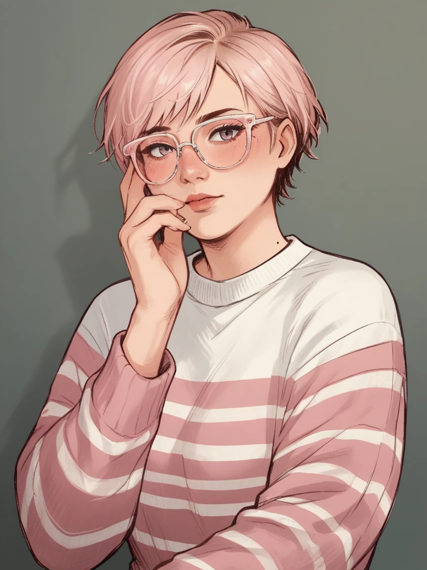 score_9, score_8_up, score_7_up, score_6_up, score_5_up, score_4_up, wh33z13, 1woman, white skin, short hair, pink striped sweater, rosé glasses