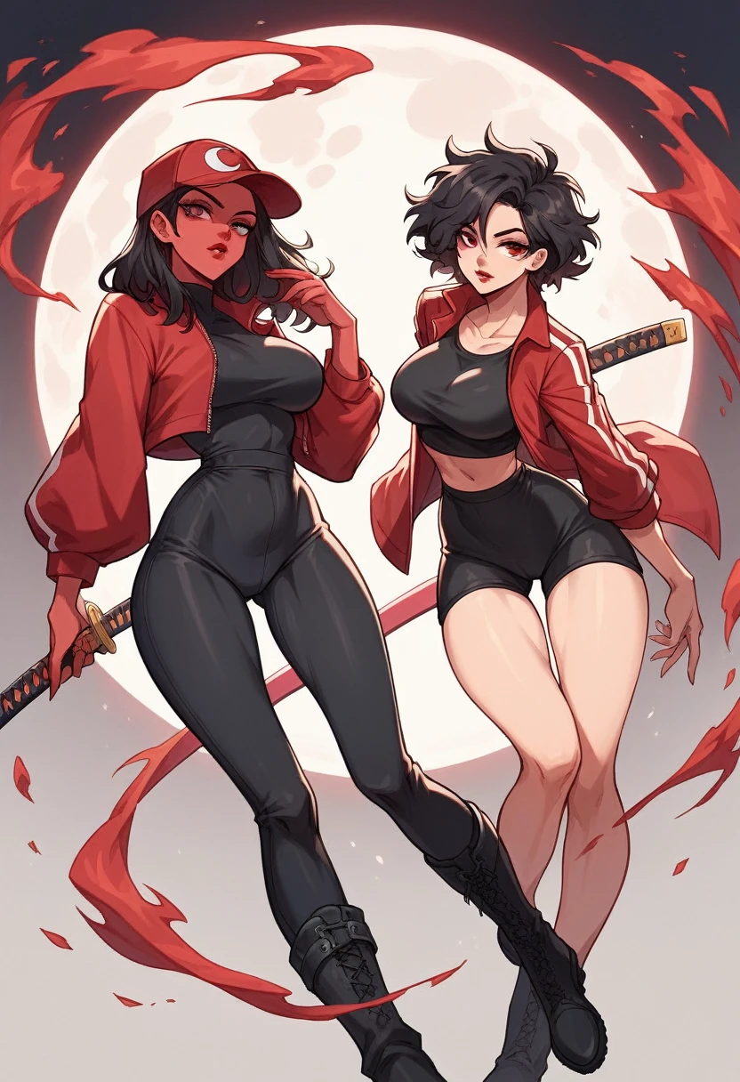 Women, asian features, medium cap hair, medium hair that reaches shoulder length, black hair, messy hair, ruby red eyes, Red lips, big breasts, perfect breasts, small waist, big butt, big butt, long legs, sexy legs, red jacket, black t-shirt, tight black pants, Long black boots, holding a katana with golden details and demonic drawings, red aura, crimson moon.