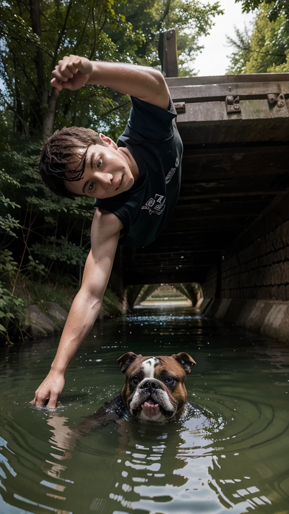 create an image of 8 year old John falling into the deep lake and his Bulldog looking scared