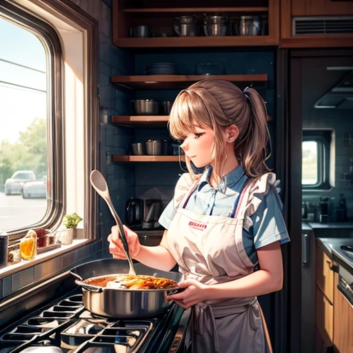 A woman cooking in a kitchen car in another world