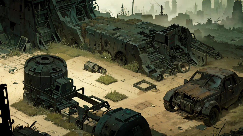 a desolate abandoned cosmodrome, crumbling concrete structures, rusted metal, overgrown vegetation, atmospheric lighting, moody tones, cinematic composition, dramatic shadows, abandoned vehicles, decaying remnants of space exploration, sense of isolation and decay, highly detailed, photorealistic, 8k, masterpiece, isometric