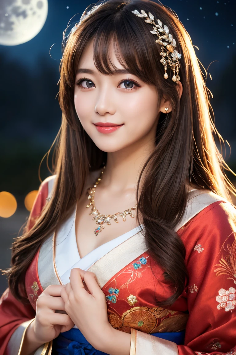 ((masterpiece)), ((best quality)), (ultra-detailed), ((kawaii)), cute, (lovely), ((extremely detailed)), 4K, (8K), best quality, (beautiful), illustration, body shot, sacred place, night, ((moon)), a cute girl, 1girl, solo, Japanese,highly decorated ethnic costume, beautiful light brown hair, beautiful blue eyes, ((beautiful eyes)), long hair, hair ornaments, necklace, light smile, blush, sparkling effect