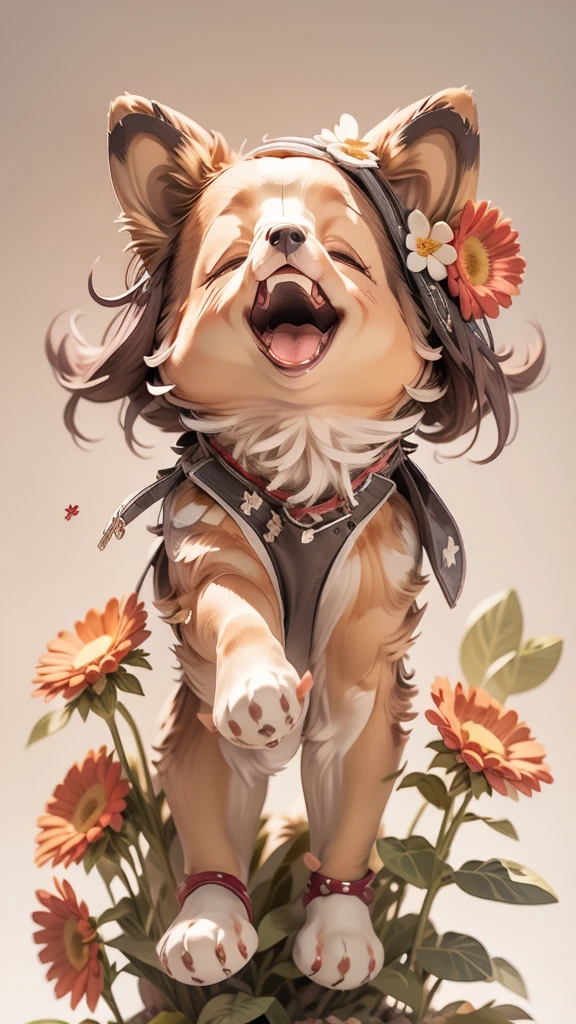 The image features the three-dimensional figure of an anthropomorphic dog wearing a hat with a flower, violet overalls and boots. The character has a satisfied expression with his eyes closed and his mouth open in a smile. It is positioned against a neutral background that does not distract from the subject.