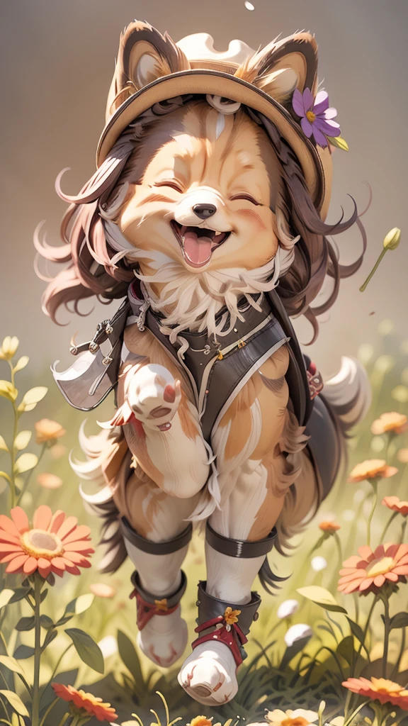 The image features the three-dimensional figure of an anthropomorphic dog wearing a hat with a flower, violet overalls and boots. The character has a satisfied expression with his eyes closed and his mouth open in a smile. It is positioned against a neutral background that does not distract from the subject.