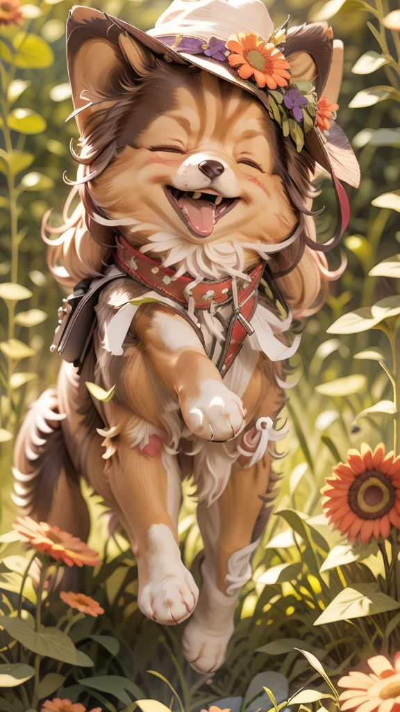 The image features the three-dimensional figure of an anthropomorphic dog wearing a hat with a flower, violet overalls and boots. The character has a satisfied expression with his eyes closed and his mouth open in a smile. It is positioned against a neutral background that does not distract from the subject.