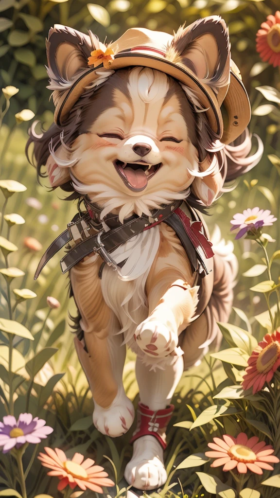 The image features the three-dimensional figure of an anthropomorphic dog wearing a hat with a flower, violet overalls and boots. The character has a satisfied expression with his eyes closed and his mouth open in a smile. It is positioned against a neutral background that does not distract from the subject.