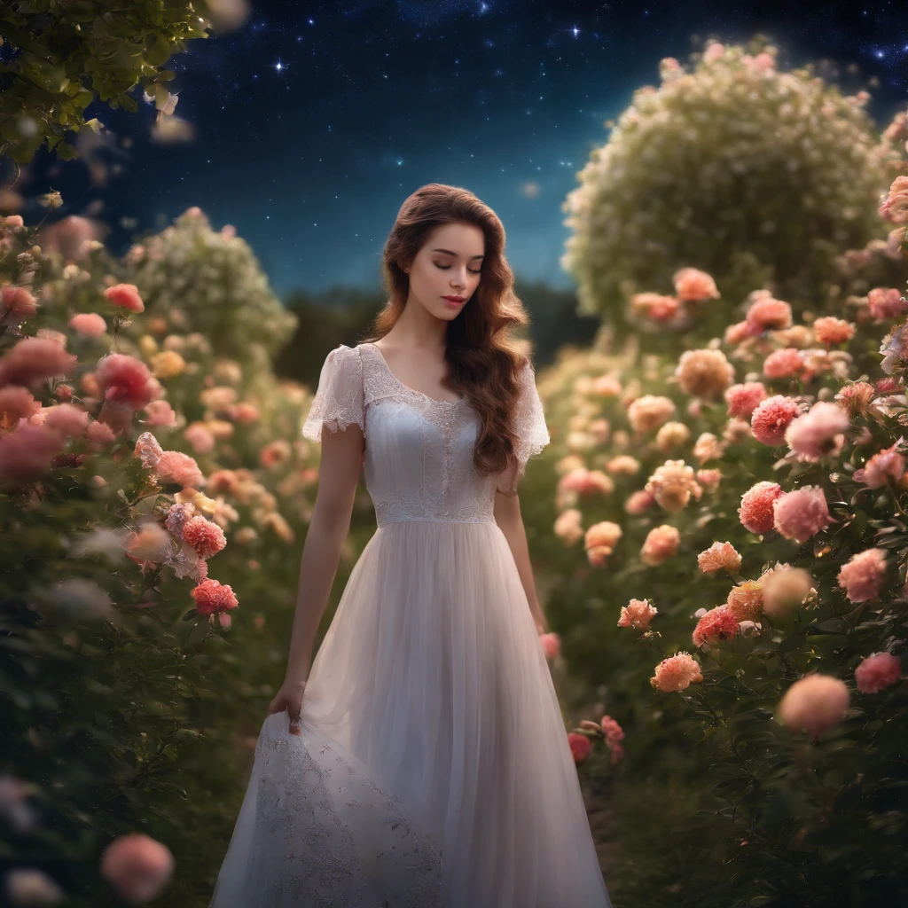 top quality, high_resolution, distinct_image, detailed background, girl, flower, garden, starry sky,