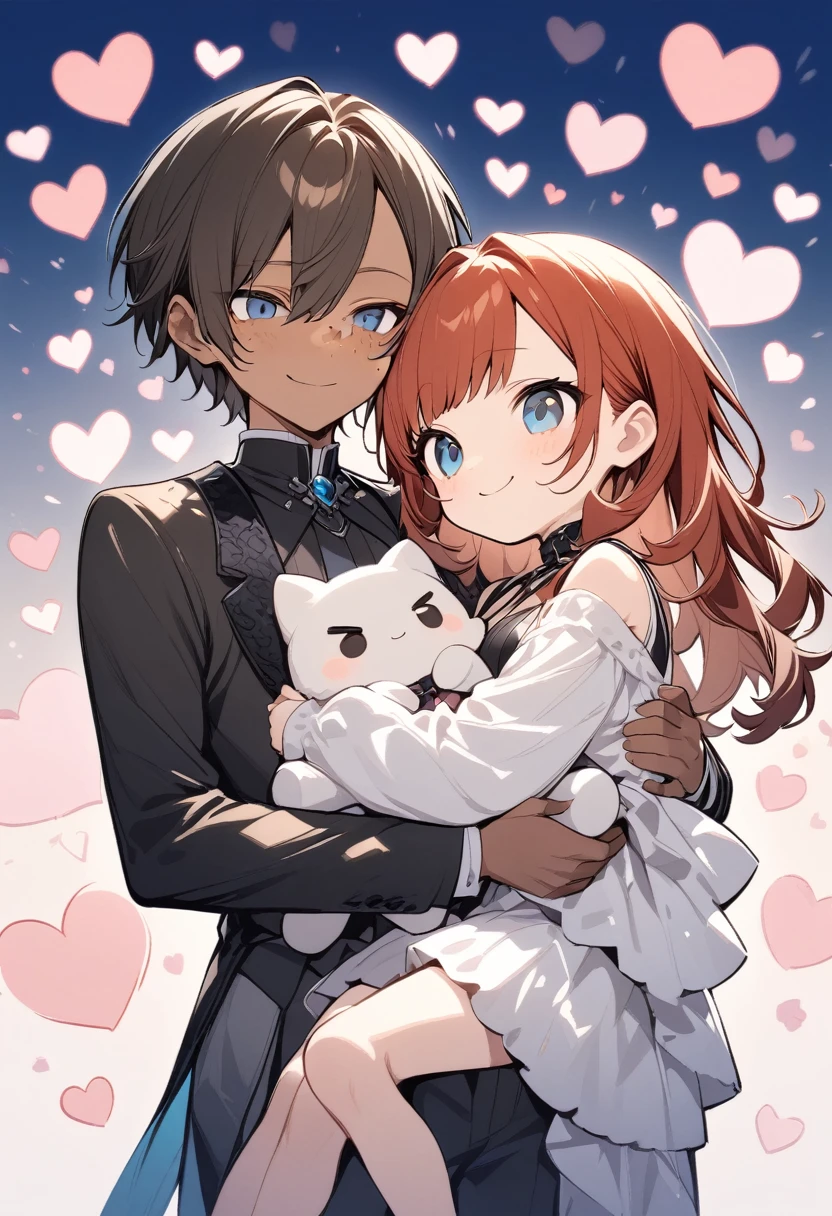 a couple, romantic handholding, Lover, Girl and boy, Girl with short red hair and blue eyes, tan skin, freckles, Girl in cute cyberpunk clothes, Boy with very long hair,dreaklocks, dark brown hair, tan skin, Boy in elegant black, nice clothes, many hearts in the background, happy faces, romantic, , big boy, Cuddle, Hugs, chibi emote, chibi character