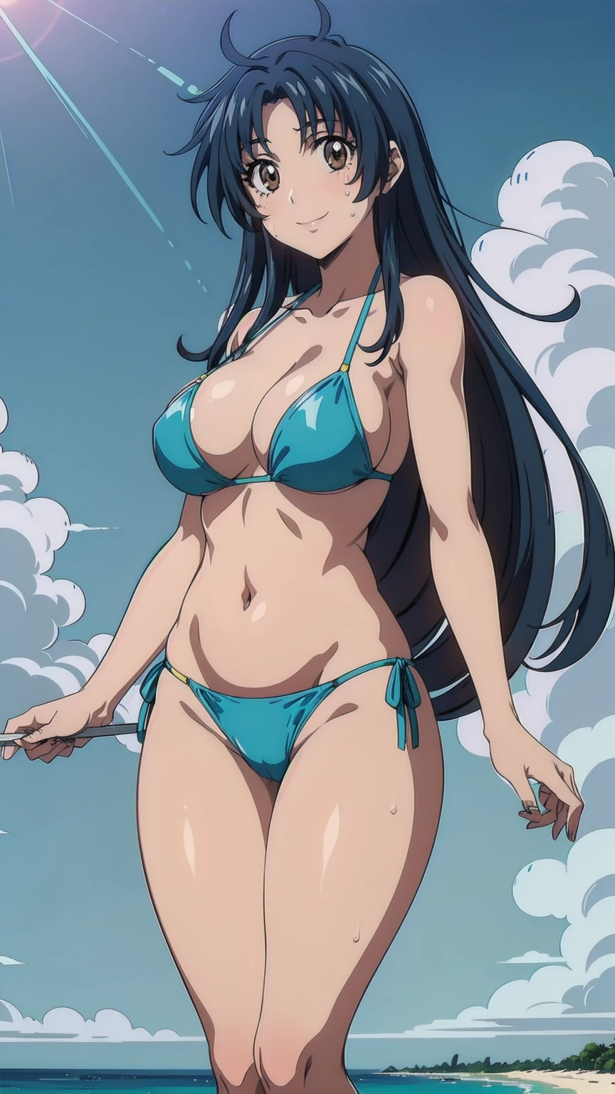 KanameChidori, 1girl, anime, masterpiece, best quality, Smiling, looking at the viewer, blue theme, blue background, cloudy sky, sunlight, sweat, orgasmic, bikini swimsuit, large breasts, cleavage, belly button exposed, collarbone, thighs, sea and beach,