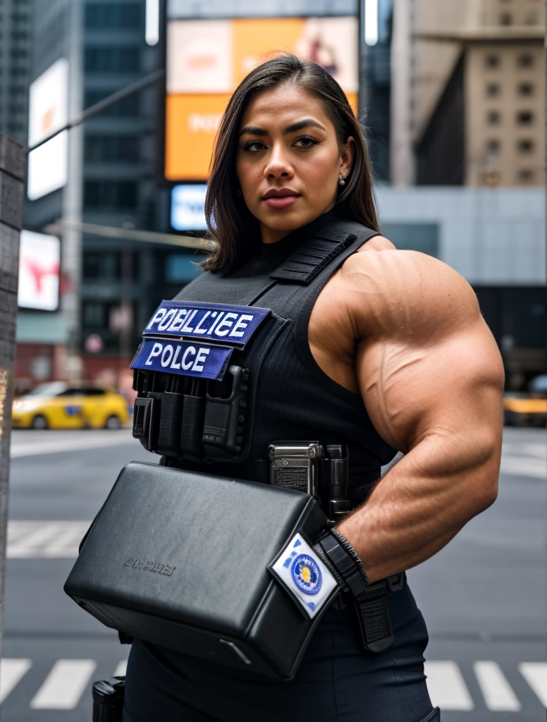 A heavily muscled iffb pro female bodybuilder, a RAW photo, portrait of leilanilei, mature, (NYPD:1.2), (black police uniform:1.1), times square, intricate details, masterpiece, 8k  
