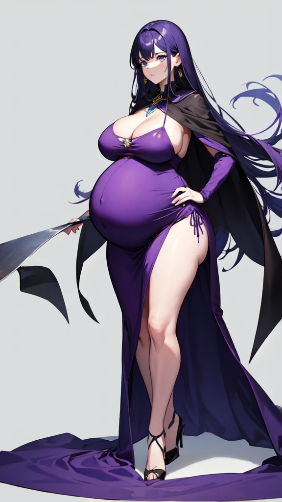 Mulher pregnant com vestido roxo gigante, high qualiy, awardwinning, high resolution, 8K , standing alone, 1woman, from the front, mellow, milf, purple cropped hair, blue colored eyes, long cloak decotado , tall woman, 29-years-old, milf, cuvilinear body, breasts small, huge  ass , big-ass, pregnant, cabelo roxo, long cloak, hinterland, dress covers the legs, seducing gaze