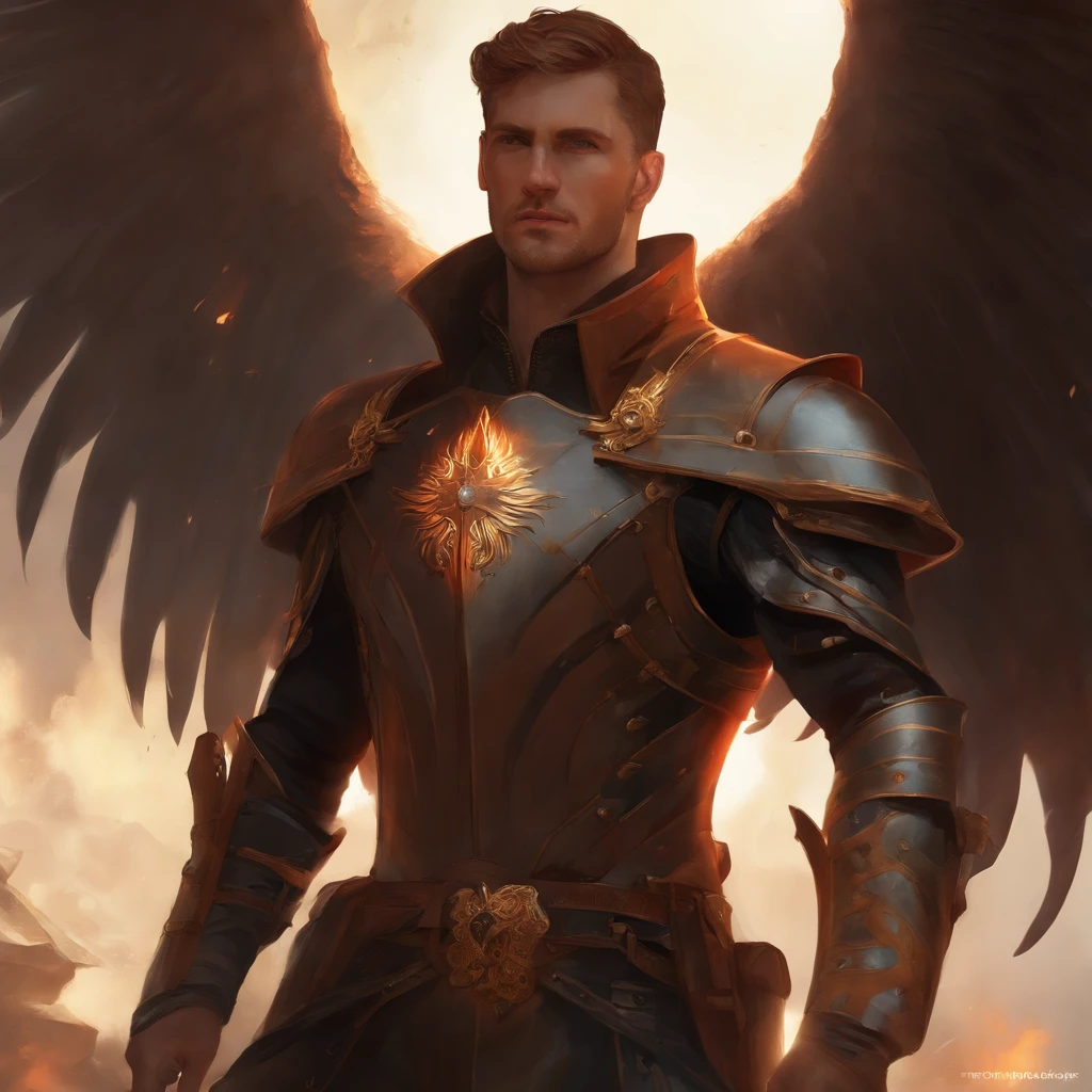 a handsome man, close-up portrait, post-apocalyptic, winged, firemancer, intricate, elegant, highly detailed, digital painting, artstation, concept art, smooth, sharp focus, illustration, art by Krenz Cushart and Artem Demura and Alphonse Mucha, fire in hands, cinematic lighting, dramatic shadows, vibrant colors, moody atmosphere