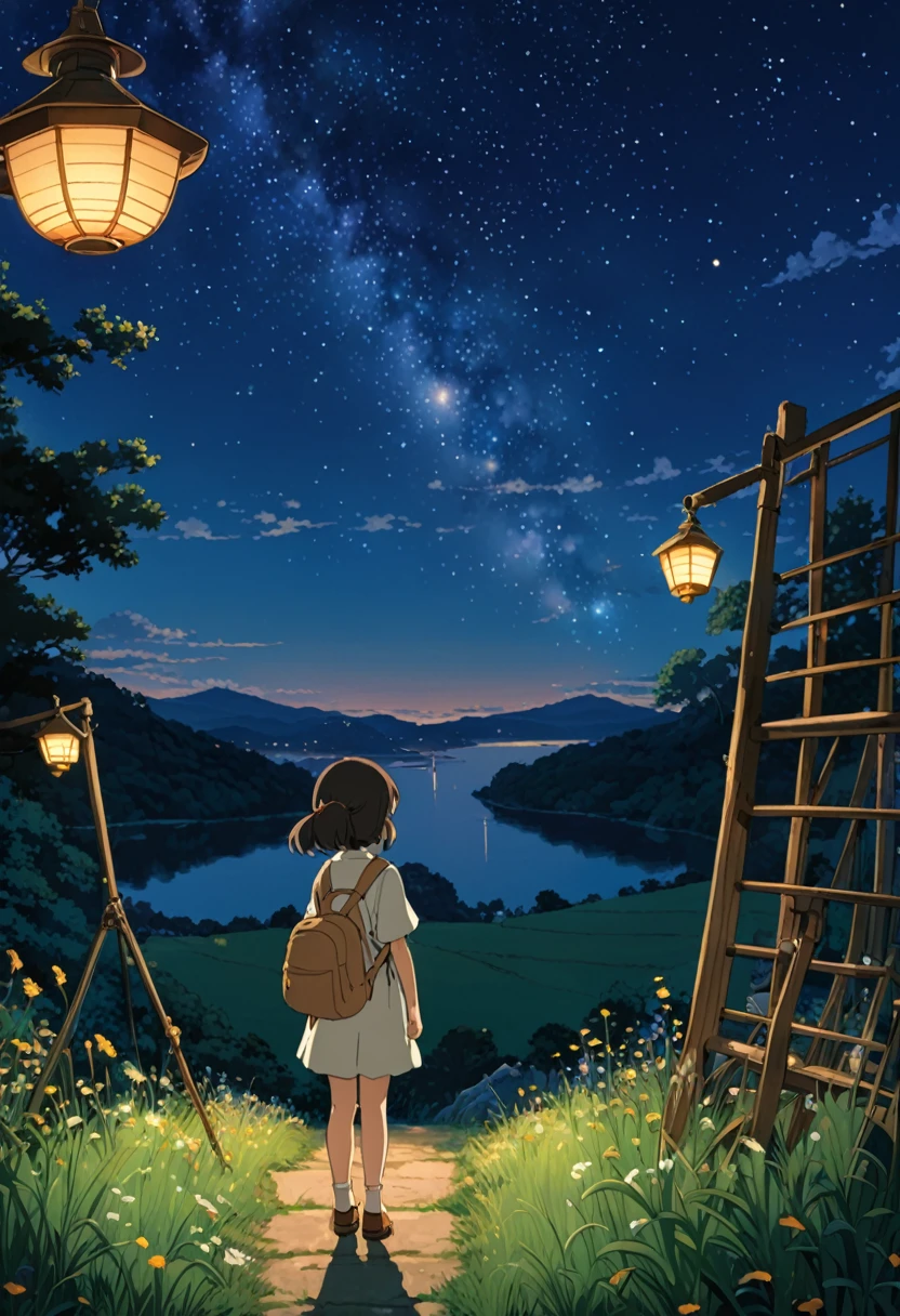Studio Ghibli-style anime movies, Movie stills, Highest quality, masterpiece, Representative works, Official Art, Professional, Super intricate details, 8K, Night Sky,Night Skyを眺める後ろ姿の女の子が1人,Visible in the distance