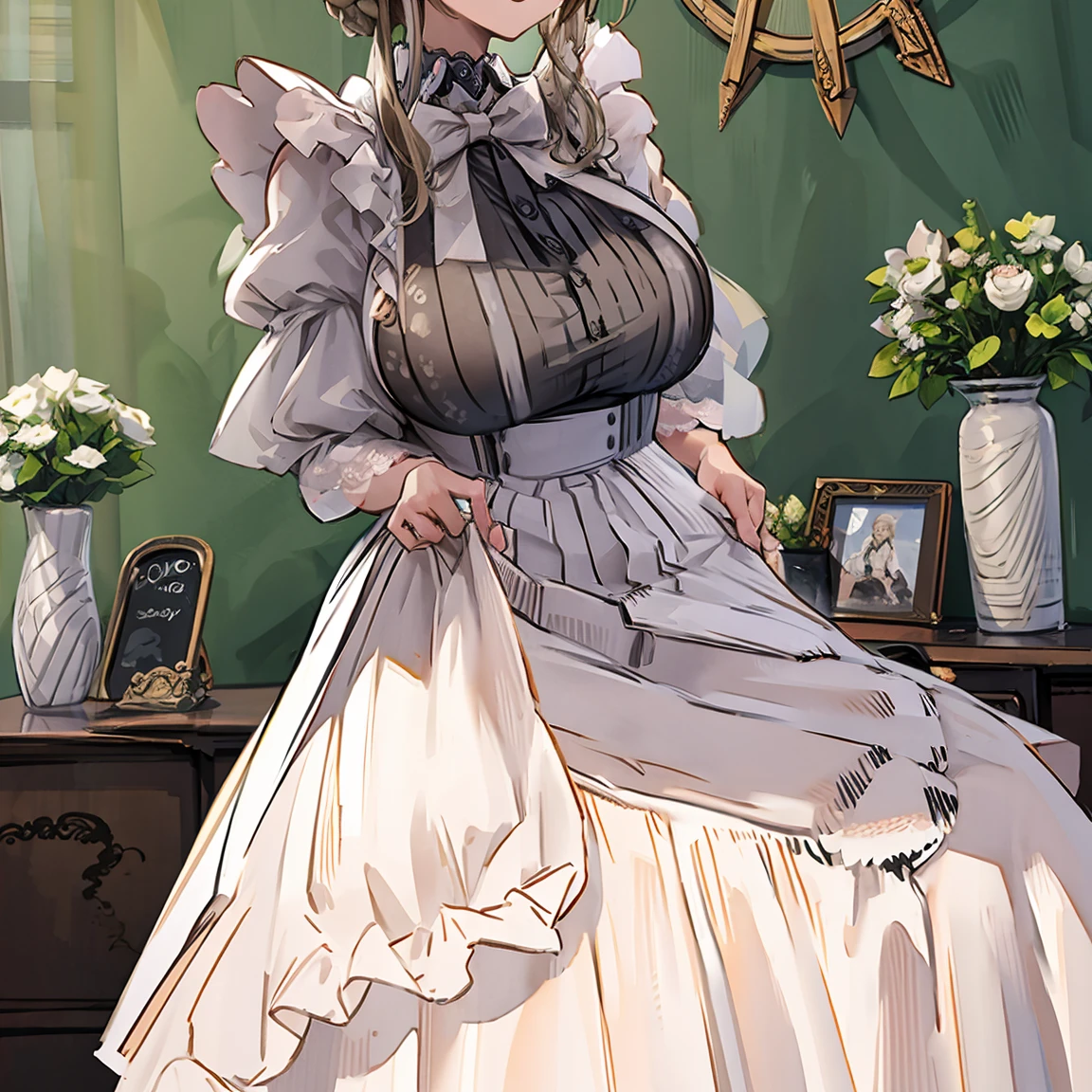 Slender maid、Woman wearing glasses、Lift the hem of a skirt、Show your underwear、Sheer lace underwear、Long maid outfit、Ade(dude)、smile、Bedroom