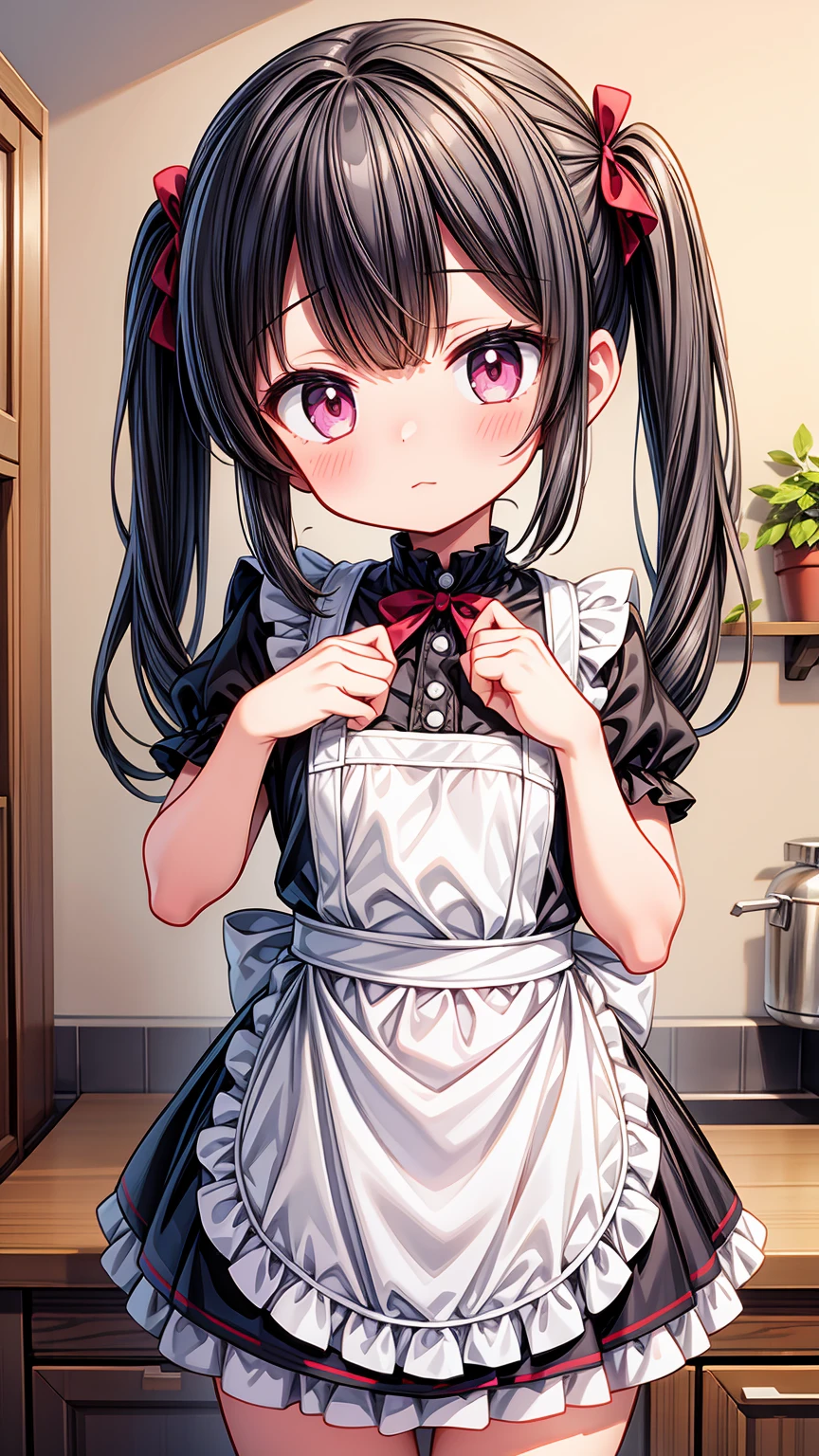 (8K, Highest image quality, highest quality, masterpiece), detailed face, ((loli)), ((girl)), (little curve), black hair, short twintails, pink eyes, ((very small bust)), (flat bust), (naked apron), cowboy shot, put your hand on your mouth, kitchen background, ((very blushing)), ((detailed hands and fingers)), viewer perspective from below, (blush)