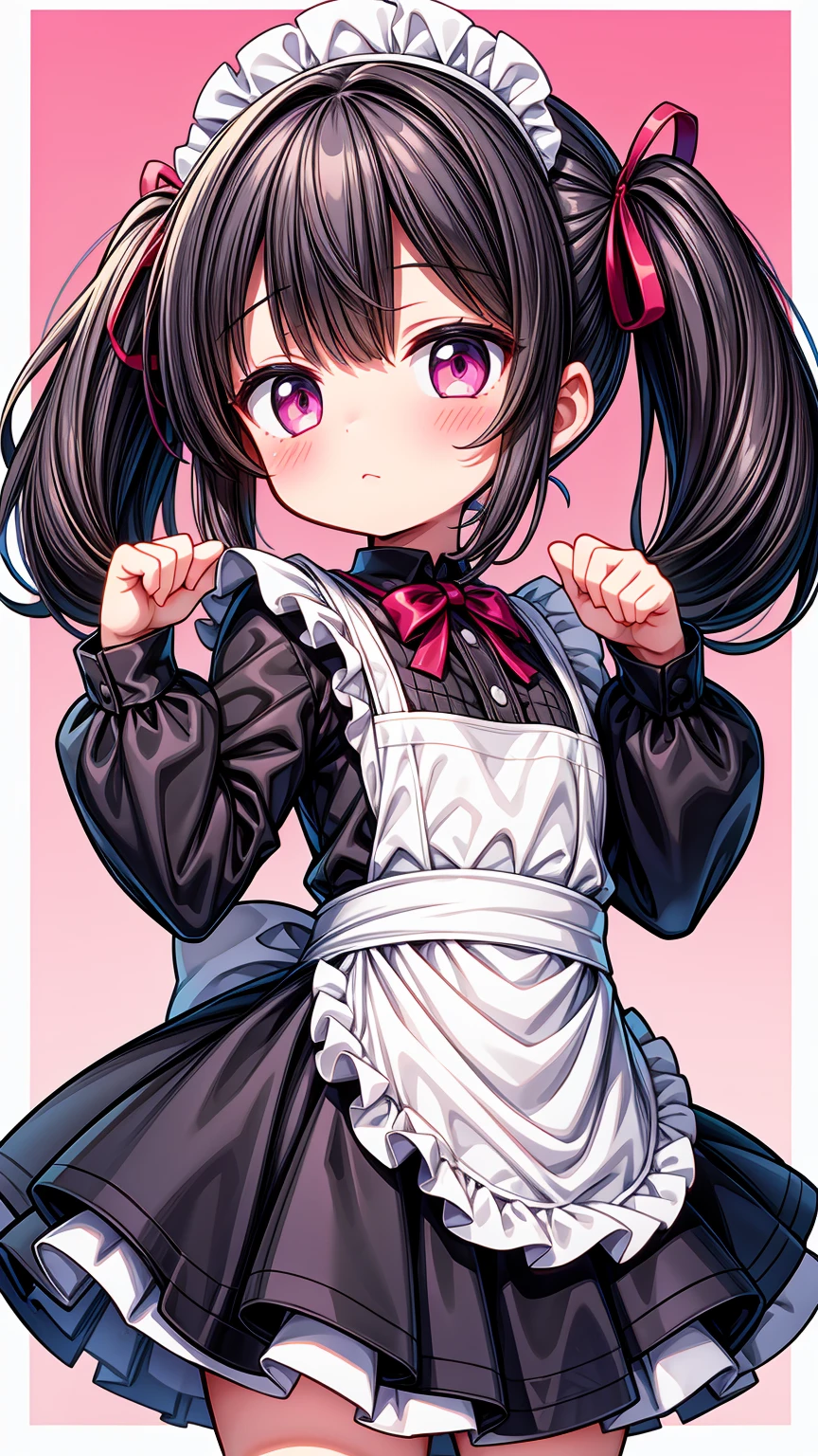 (8K, Highest image quality, highest quality, masterpiece), detailed face, ((loli)), ((girl)), (little curve), black hair, short twintails, pink eyes, ((very small bust)), (flat bust), (naked apron), cowboy shot, put your hand on your mouth, kitchen background, ((very blushing)), ((detailed hands and fingers)), viewer perspective from below, (blush)