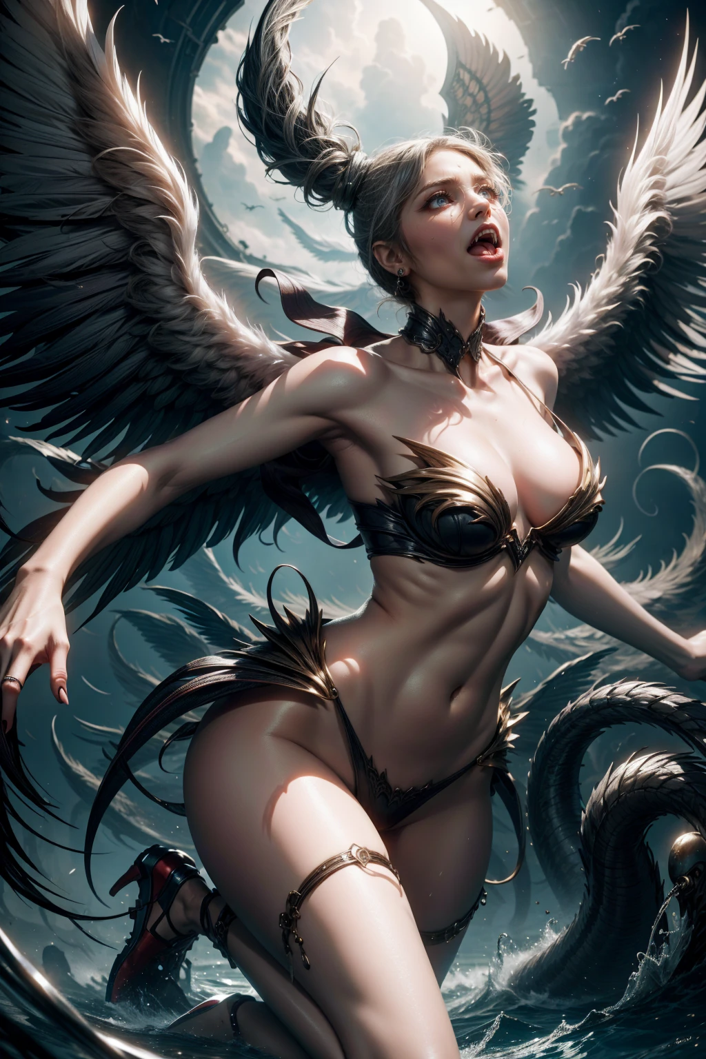 sexy siren woman with glasses, and white wings in the sky, movement pose, fully body, gaping mouth