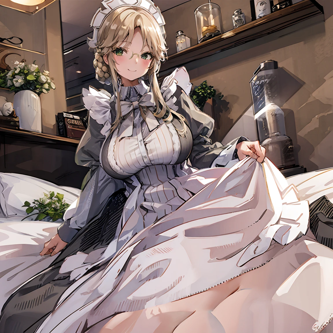 Slim woman wearing glasses、Show your underwear、Sheer lace underwear、Long maid outfit、Ade(dude)、smile、Bedroom