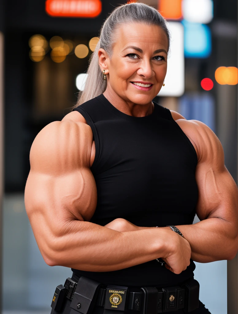 A heavily muscled iffb pro female bodybuilder, a RAW photo, portrait of leilanilei, mature, (NYPD:1.2), (black police uniform:1.1), times square, intricate details, masterpiece, 8k  