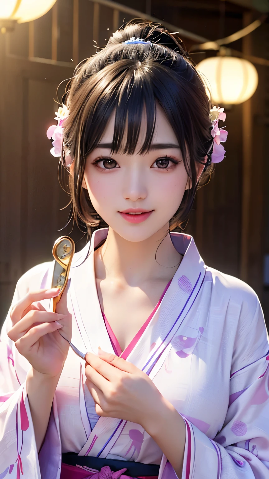 (logo、masterpiece、8K、Tabletop、RAW Photos、wonderful、最high quality、フォトリアリスティックでVery detailedな CG 複合 8K 壁紙、high quality、Very detailed、Narrative poem、Particle Effects、Dynamic Effects、Depth of the Boundary、Cinematic Light、Lens flare、Ray Tracing)、 (One beautiful woman wearing a yukata、White yukata、Light purple pattern)、Black-haired、High definition skin、Very fine、Fine skin texture、Beautiful Face、True Face、Beautiful details in the eyes、Realistic eyes、Beautifully detailed eyes、Realistic Skin、Beautiful Skin、Surreal、Smiling Eyes、Hair and light eyes、vivid、Colorful lights and bokeh、plump lower lip、Pink Lips、Hair flutters in Wind、Hair bounces、wonderful景色、night、evening、Wind、moonlight、moonlight、light