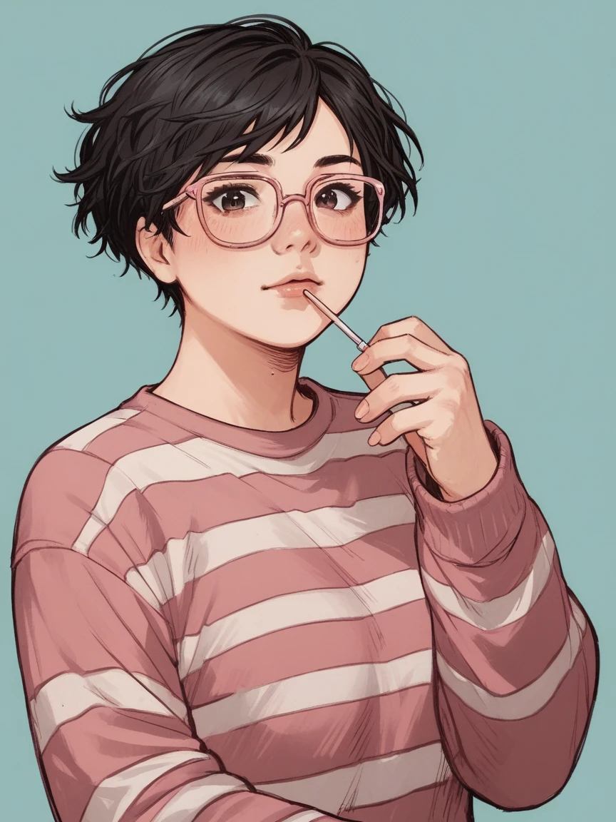 score_9, score_8_up, score_7_up, score_6_up, score_5_up, score_4_up, wh33z13, 1woman, white skin, dark short hair, pink striped sweater, dark eyes, rosé glasses