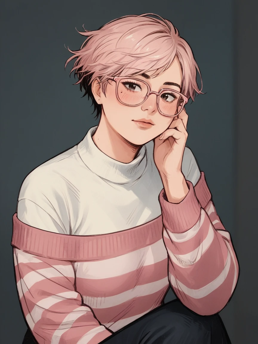 score_9, score_8_up, score_7_up, score_6_up, score_5_up, score_4_up,   wh33z13, 1woman, white skin, dark short hair, pink striped sweater, dark eyes, rosé glasses 