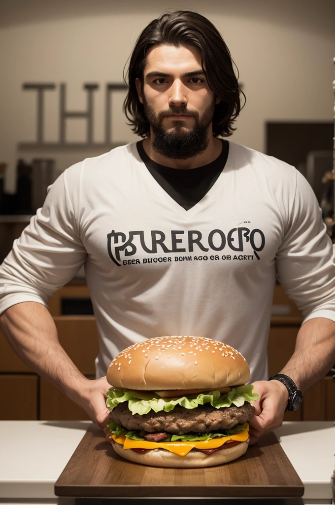 A logo of a Greek philosopher holding a hamburger for a burger place called Estoico burger