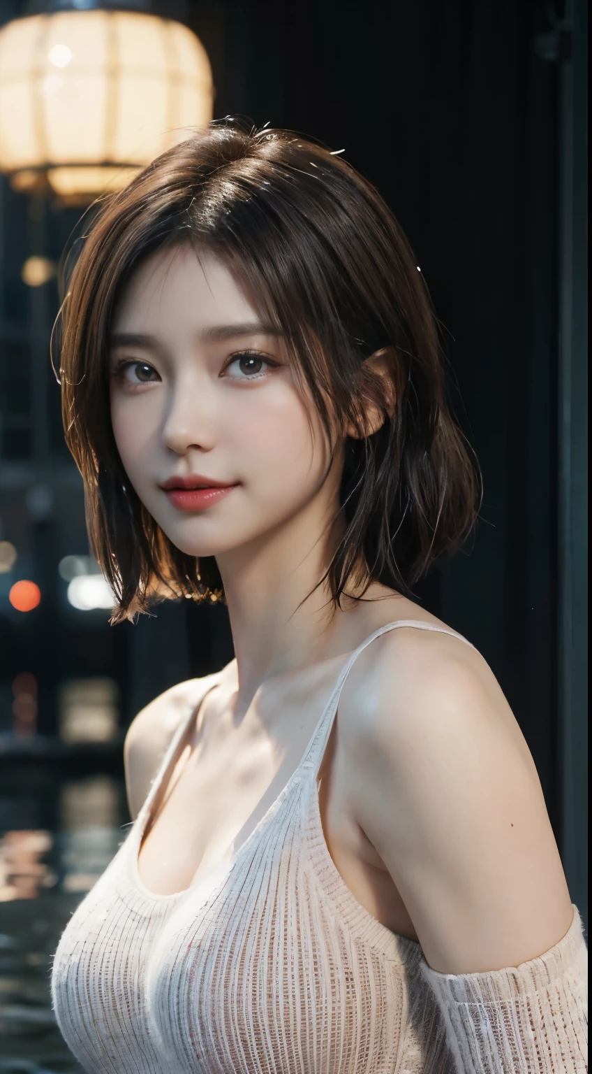 (logo, masterpiece, 8K, Tabletop, RAW Photos, wonderful, 最high quality, Photorealistic and very detailed CG composite 8k wallpaper, high quality, Very detailed, Narrative poem, Particle Effects, Dynamic Effects, Depth of the Boundary, Cinematic Light, Lens flare, Ray Tracing), short hair beautiful young woman, Hair tied back, high detail skin, very fine, fine skin texture, beautiful face, realistic eyes, beautifully detailed eyes, realistic skin, beautiful skin, surreal, smiling eyes, Hair and light eyes, Vibrant, Colorful lights and bokeh. The lighting casts a warm glow on her face and hair, Blue glow, Water surface reflection, Creates a dreamy and magical atmosphere, Big Breasts, Brown Hair, short hair, plump lower lip, pink blush on the cheeks , pink lips, brown tight no-shoulder knit sweater