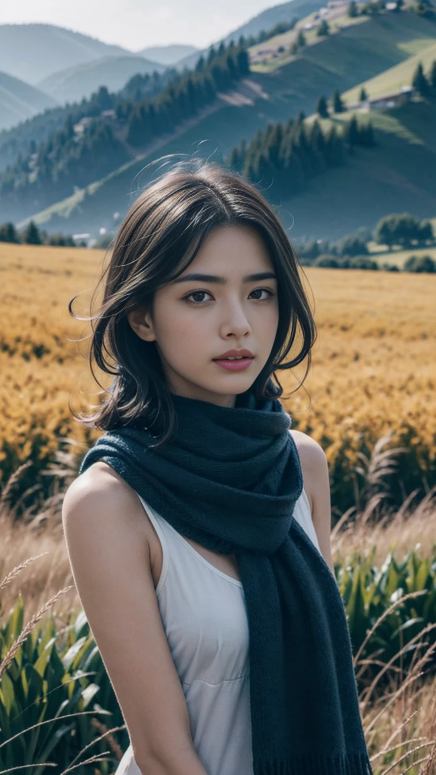 8k, best quality, masterpiece, realistic, ultra detail, photo realistic, Increase quality,
a photo of a girl standing in a field with a scarf, in the style of dark and brooding designer, voluminous mass, photobash, serene faces, jagged edges, navy, natural beauty, close-up shot, , seduce viewer, nudity:1.4