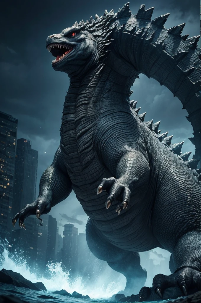 Give me a photo of Godzilla, a kind of super powerful Titan with powerful sharp dorsal plates that release power that is atomic terrifying because the creature feeds on radiation and is a Titan that knows how to swim, it is in its semi-complete form where it was crawling across the floor like some kind of snake but with two-legged legs and the arms are from Saint small, it wouldn't just be some kind of blast of acidic blood he's all deformed