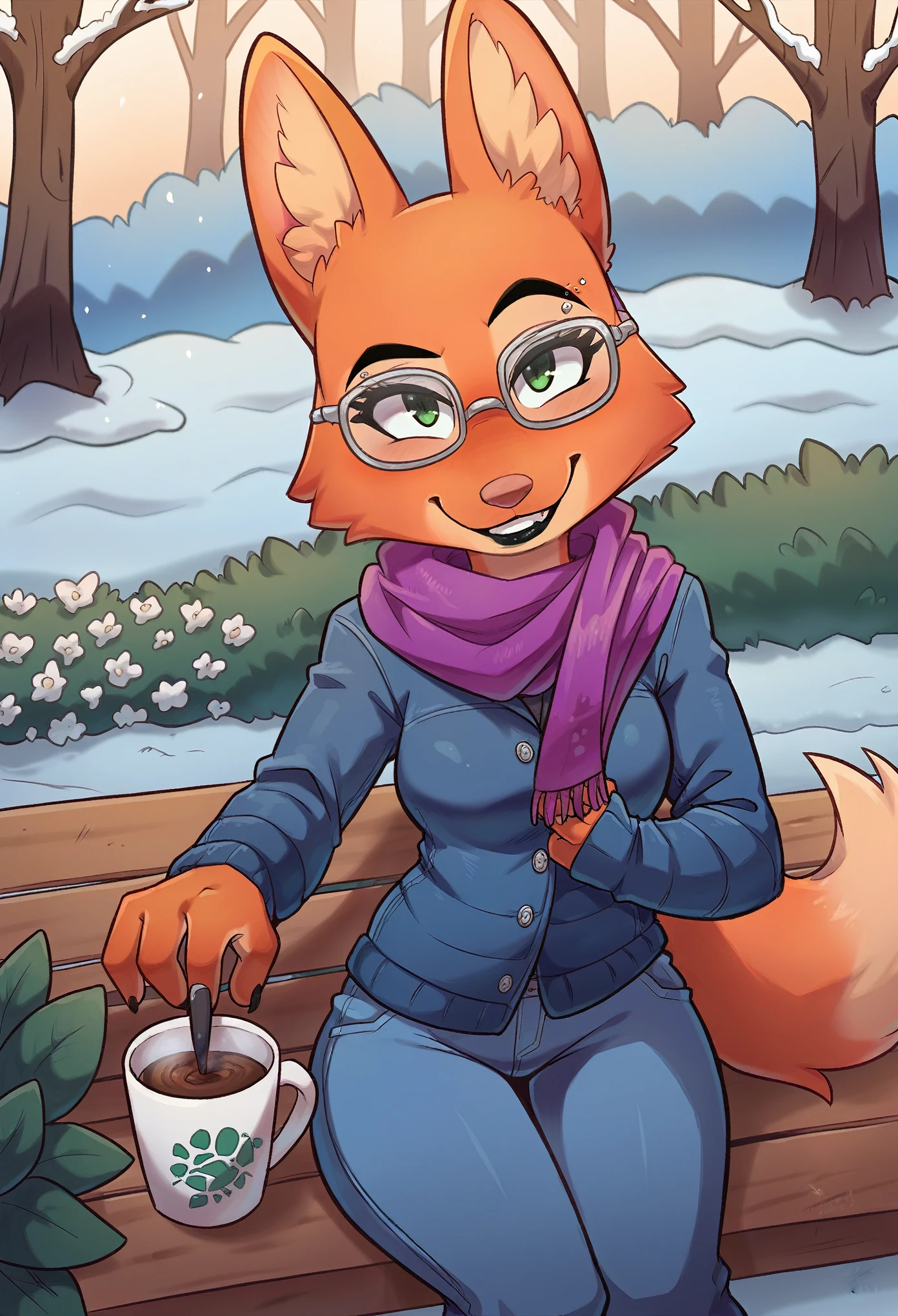 score_9, score_8_up, score_7_up, score_6_up, score_5_up, score_4_up, Diane_Foxington, fox, ginger fur, emerald eyes, black lipstick, sharp black eyebrows, silver piercings on eyebrow, dusty-pink nose, black eyelashes, 4 fingers, winter clothes, scarf, warm smile, happy, looking at the viewer with a curious face, glasses, sitting on a bench in the park, with a cup of coffee