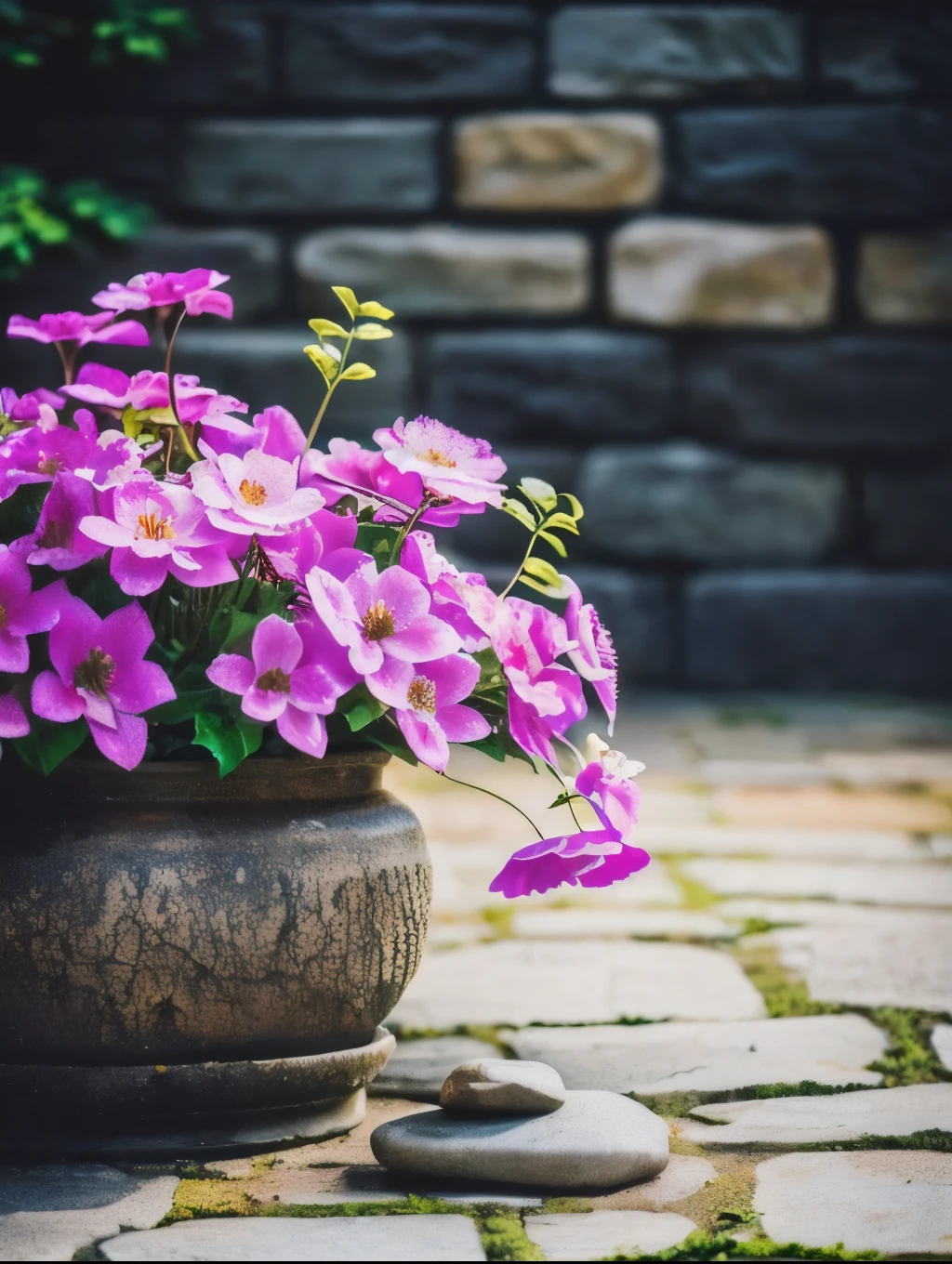 Purple flowers in pot on stone floor,The background is a brick wall,nice images, There are branches hanging down and flowers scattered on the floor,Beautiful flowers,Background Depth of Field