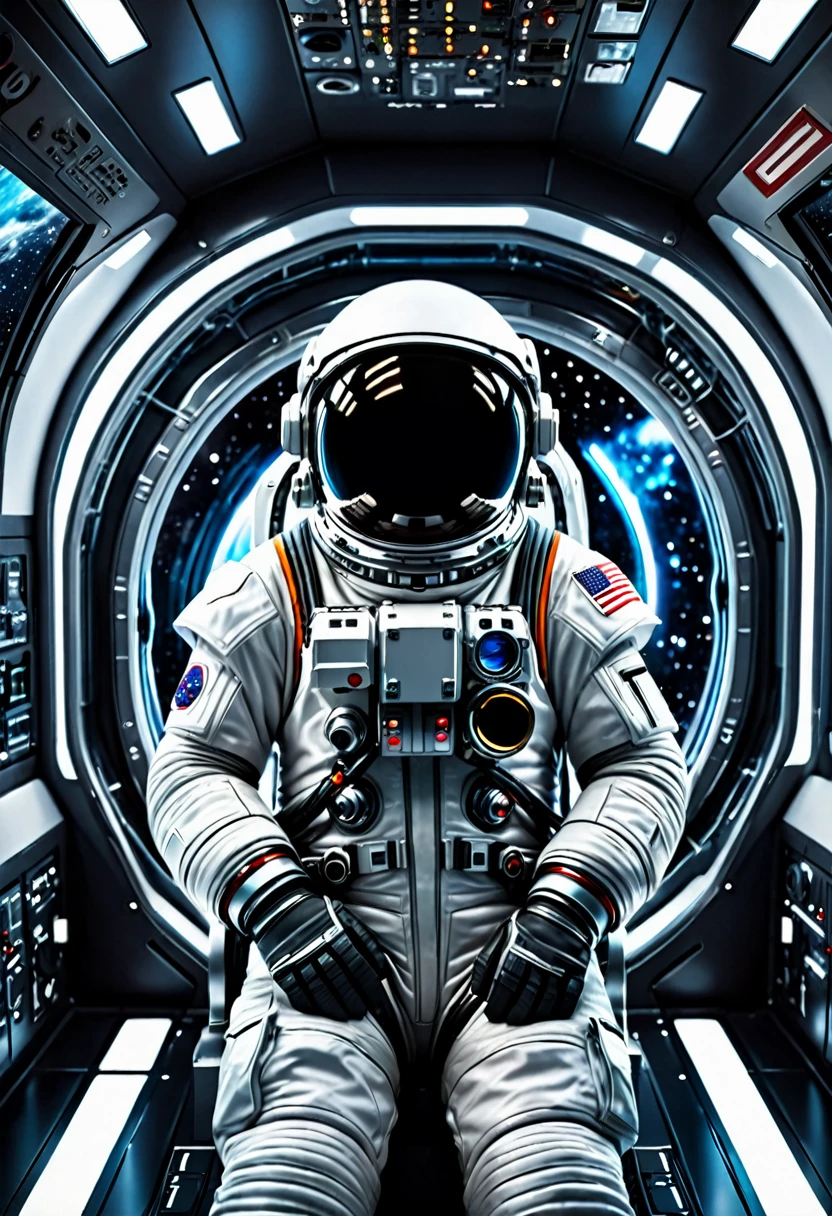 a futuristic astronaut in a space capsule, control Panel, high-tech interior, metal and glass materials, atmospheric lighting, dramatic cinematic composition, details Intricate, photorrealistic, concept art style