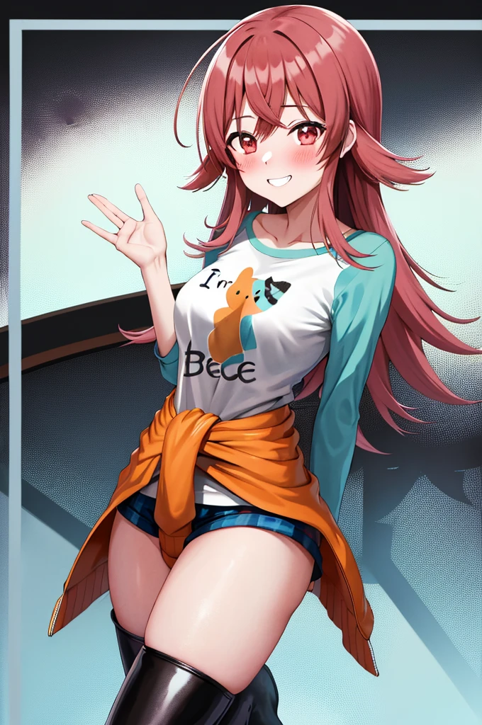 masutepiece, Best Quality, hight resolution, I, Long hair, Ahoge, clavicle, printed shirt, White shirt, raglan sleeves, clothes around waist, Plaid microshorts, Smile, Waving, Leaning back, Bad Woman、sadistic、Muchimuchi、clong legs、long legged、thighs thighs thighs thighs、Eyes pink、Grinning、Smile、is standing、Sweating:1.5), (steam:1.3), ((((blush))))),Absolute area、（black leather thigh boots）、a room、Hi-Res, 1girl in, ,},{{solo,Boyish 1 Girl}} is standing,,{18year old},and leather boots}Emphasis on the thighs、thighs thighs thighs thighs、clong legs、long legged、Boots longer than the thigh