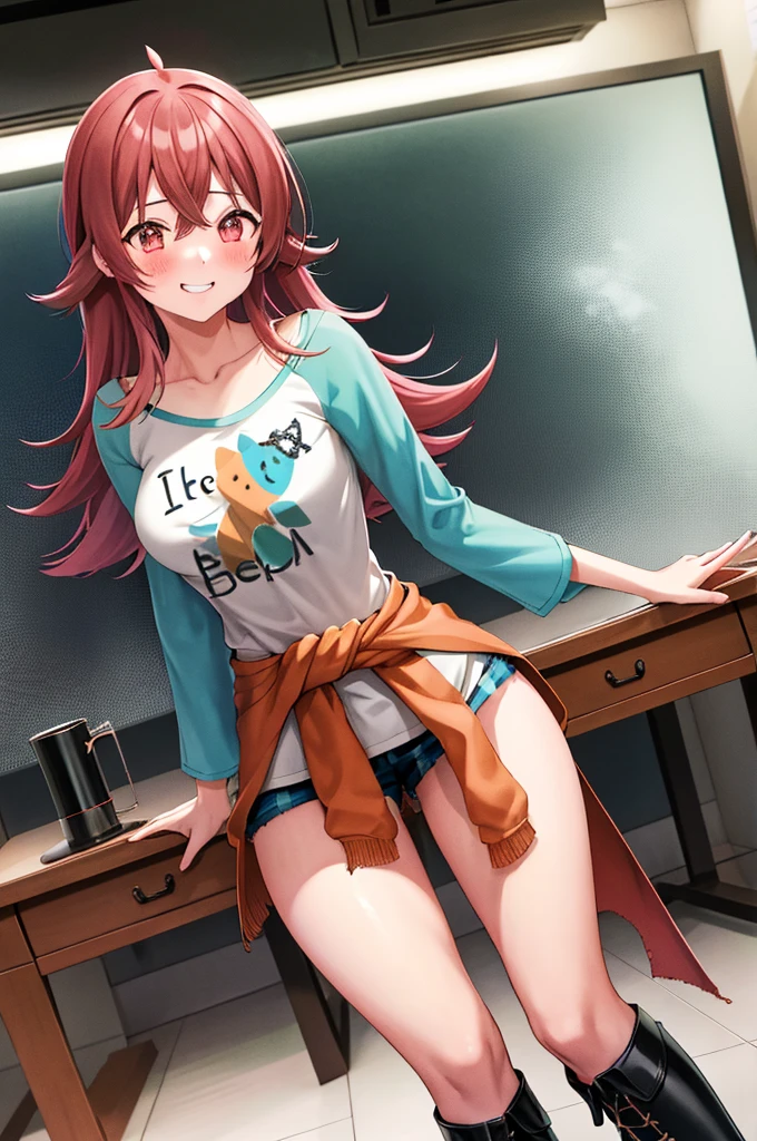 masutepiece, Best Quality, hight resolution, I, Long hair, Ahoge, clavicle, printed shirt, White shirt, raglan sleeves, clothes around waist, Plaid microshorts, Smile, Waving, Leaning back, Bad Woman、sadistic、Muchimuchi、clong legs、long legged、thighs thighs thighs thighs、Eyes pink、Grinning、Smile、is standing、Sweating:1.5), (steam:1.3), ((((blush))))),Absolute area、（black leather thigh boots）、a room、Hi-Res, 1girl in, ,},{{solo,Boyish 1 Girl}} is standing,,{18year old},and leather boots}Emphasis on the thighs、thighs thighs thighs thighs、clong legs、long legged、Boots longer than the thigh